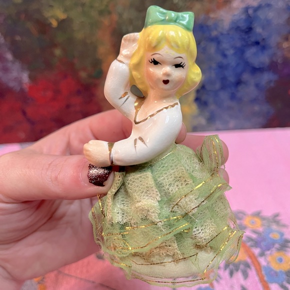 VTG Kitschy Retro Ceramic Girl in Green Dress Figurine with Fabric Skirt